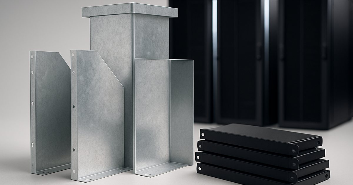 Custom sheet metal server rack air baffles, rack-top exhaust plenum chimney and 1U/2U blanking panels for data center airflow management