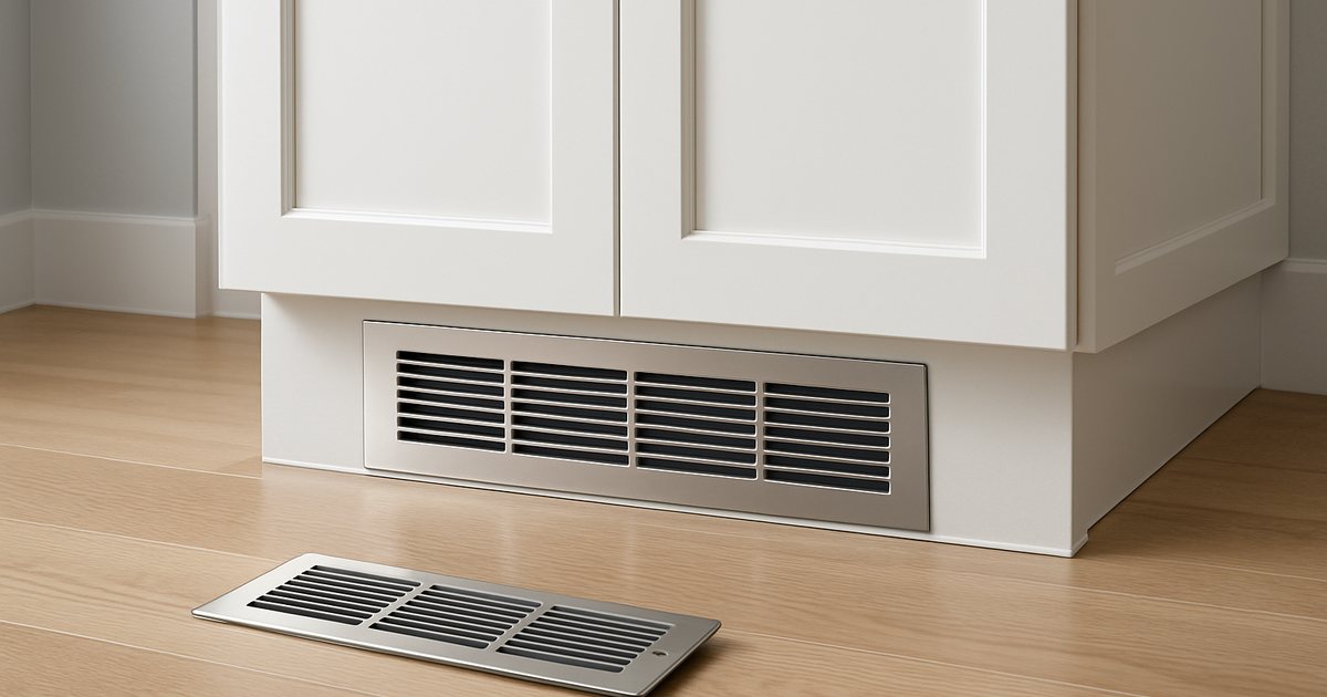 Steel toe kick register installed in the toe space of a white kitchen base cabinet